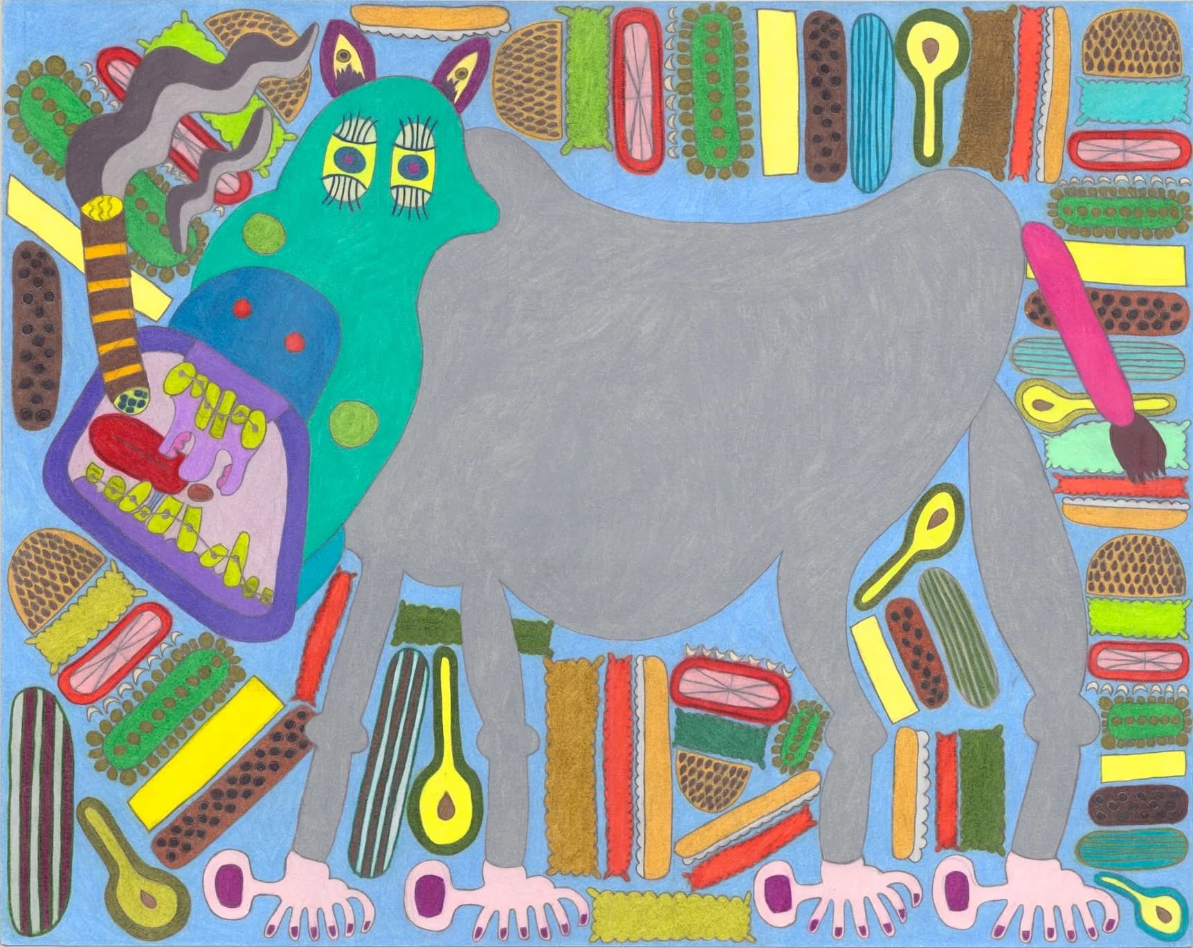 Colorful mixed-media artwork depicting a gray elephant silhouette surrounded by abstract patterned sections in neon greens, pinks, yellows, and blues.