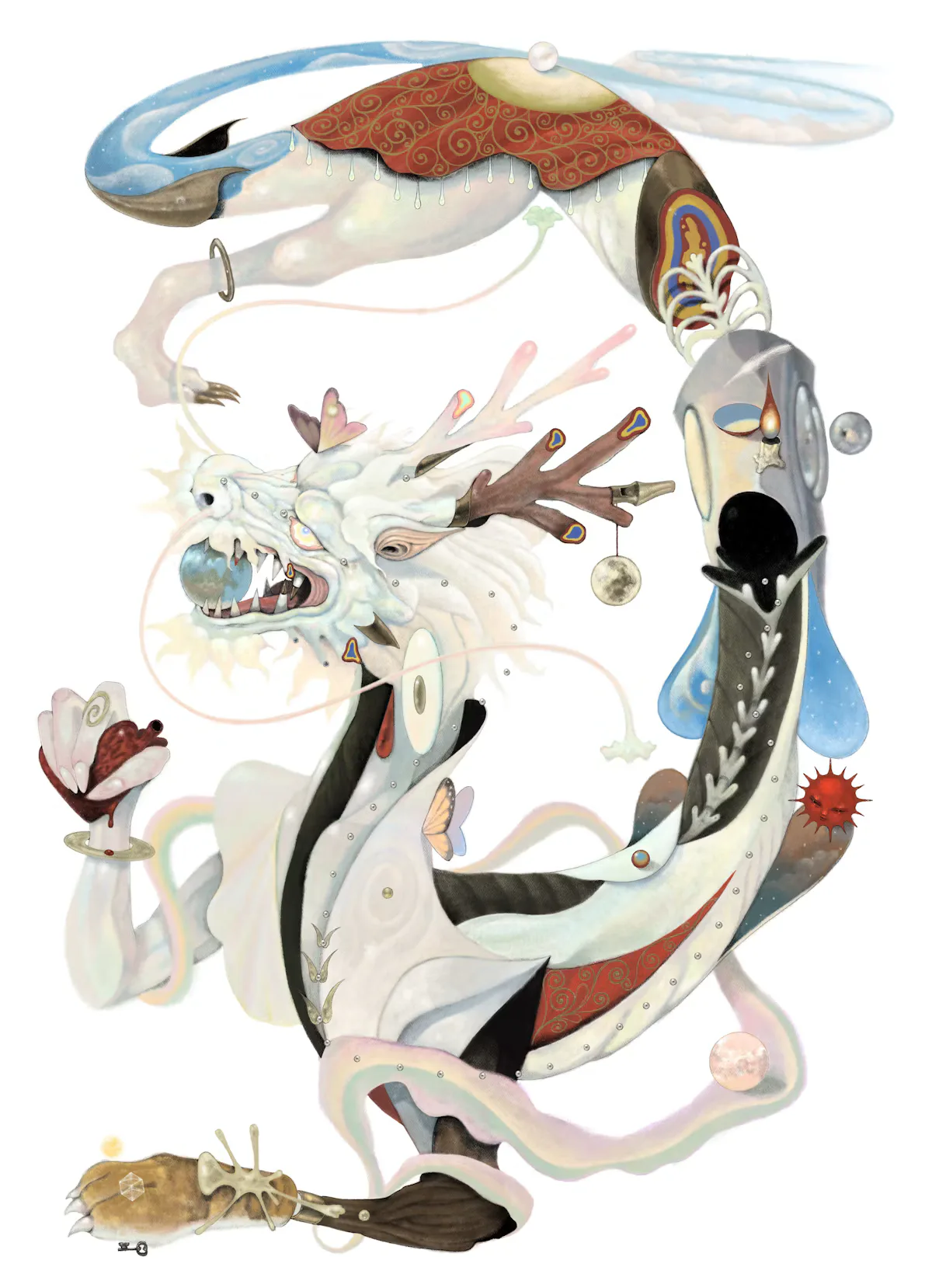 Intricate ink and watercolor illustration of fantastical creatures in cream, blue, rust, and black with decorative ornamental details.