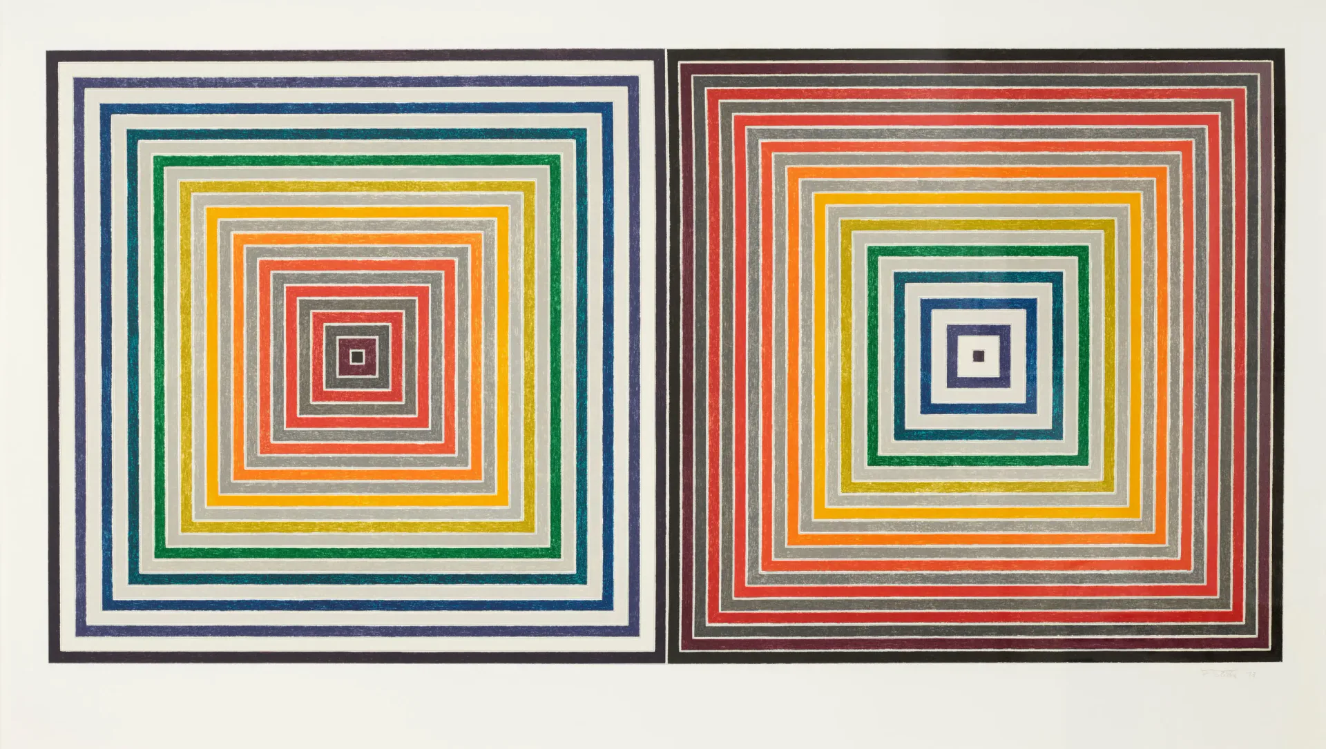 Two side-by-side concentric square compositions with nested rainbow-colored lines on cream background, geometric abstract print.