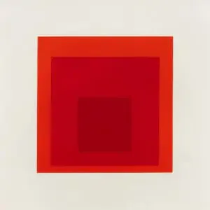 Nested red squares in varying shades creating a recessed three-dimensional effect on cream background, minimal abstract painting.