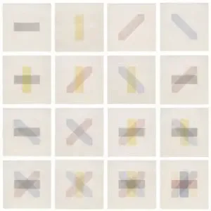 Grid of 16 small abstract compositions featuring overlapping translucent geometric shapes in muted yellow, gray, and pink tones.