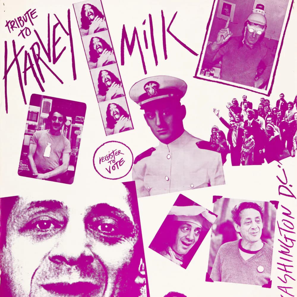 Magenta and white graphic tribute poster to Harley Milk featuring photographs, text, and collaged images on white background.