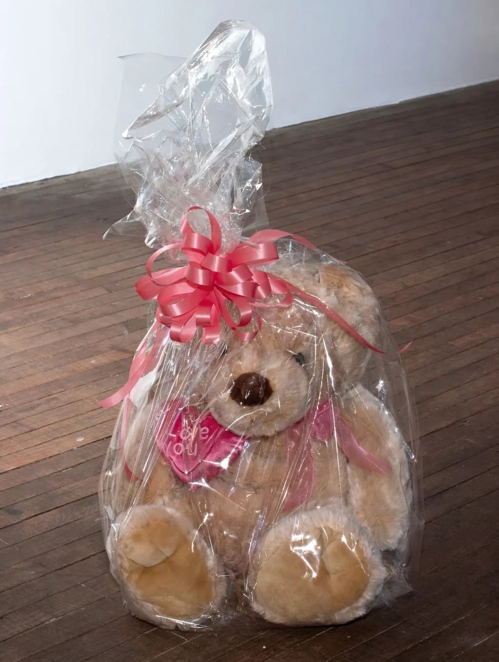 Stuffed teddy bear wrapped in clear cellophane with a pink ribbon bow, displayed on a wooden surface.