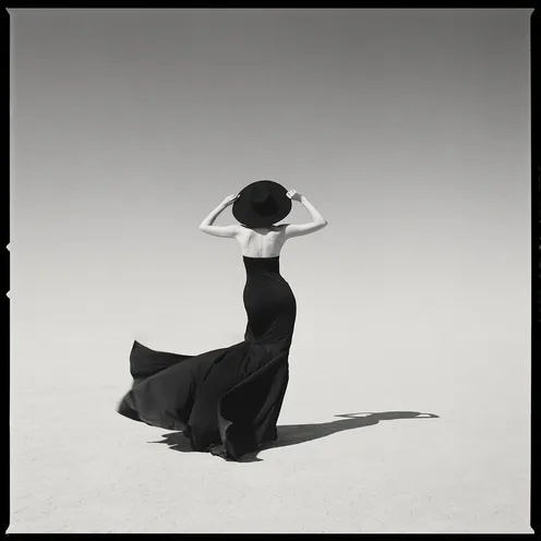 Black and white photograph of a woman in silhouette wearing a white-sleeved black gown, standing with arms raised to her head, dramatic flowing fabric trailing behind on neutral ground.