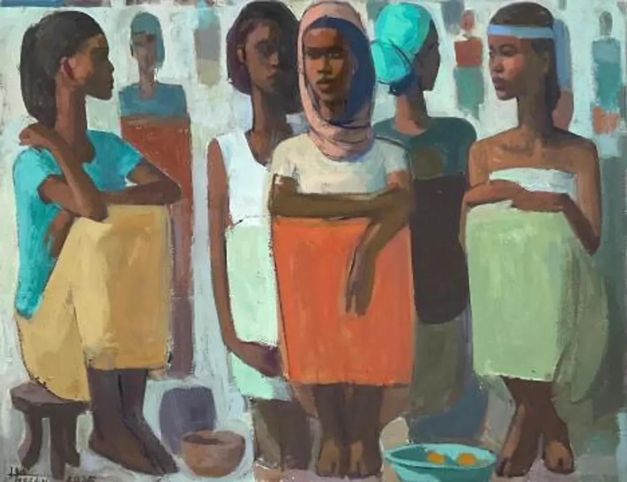 Painting of six stylized figures with brown skin tones in colorful garments arranged in a domestic scene with turquoise, orange, and green accents.