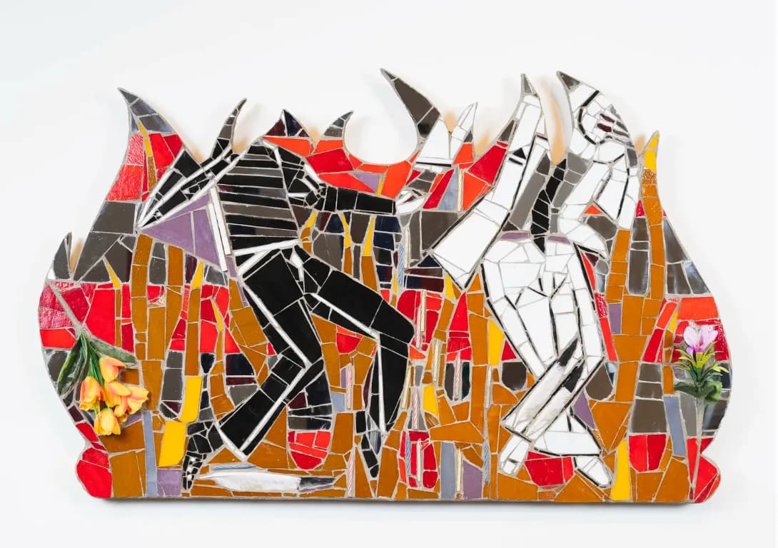 Abstract mixed-media textile artwork with bold geometric shapes in red, black, yellow, and white with organic cutout silhouettes of figures and forms.