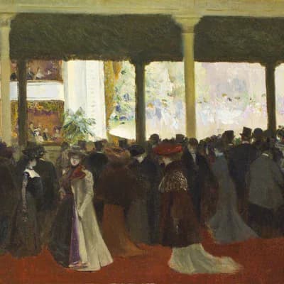 Impressionist interior scene depicting elegantly dressed figures in silhouette gathered in a bright room with large windows.