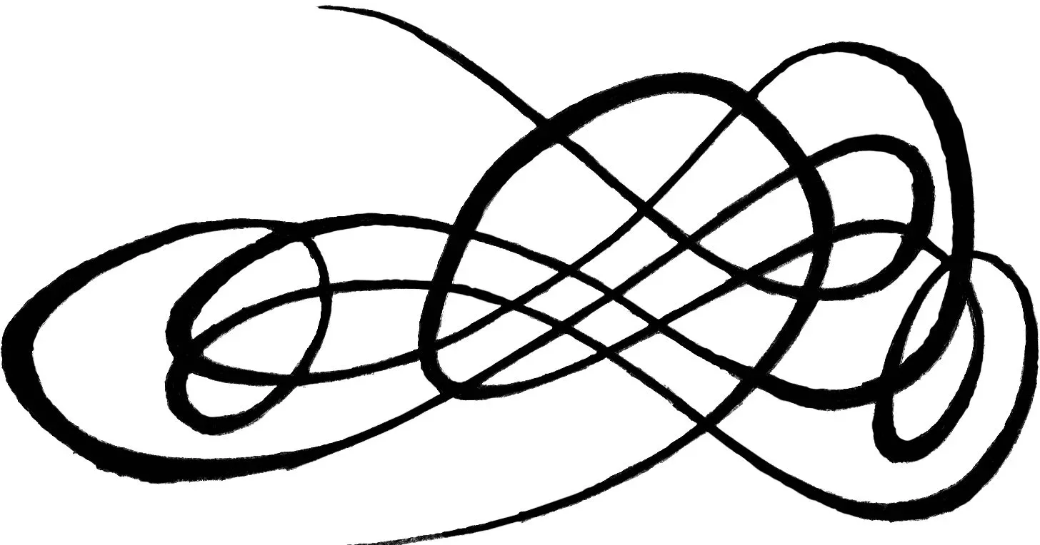 Black-line drawing of abstract interlocking loops and curves, resembling a continuous kinetic form on white background.
