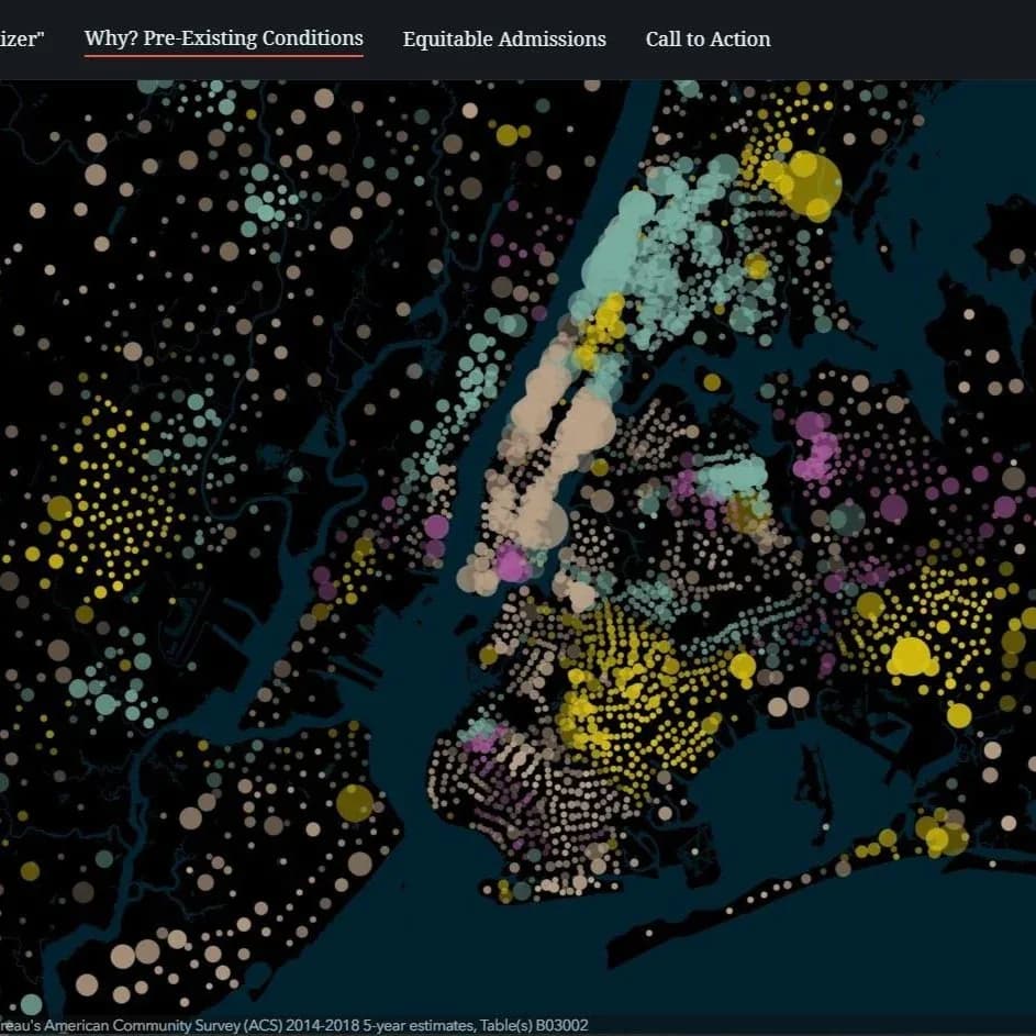 Data visualization map of New York City showing demographic distribution with colored dots in yellow, pink, cyan, and white against dark background.