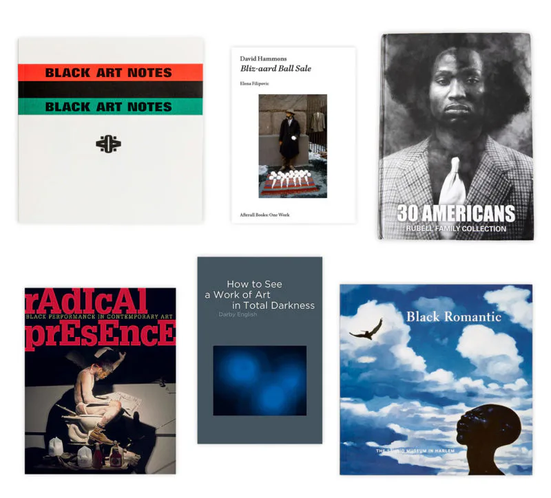 Collage of book covers and exhibition materials featuring Black art and cultural studies, including titles on Black Romantic aesthetics and American photographers.