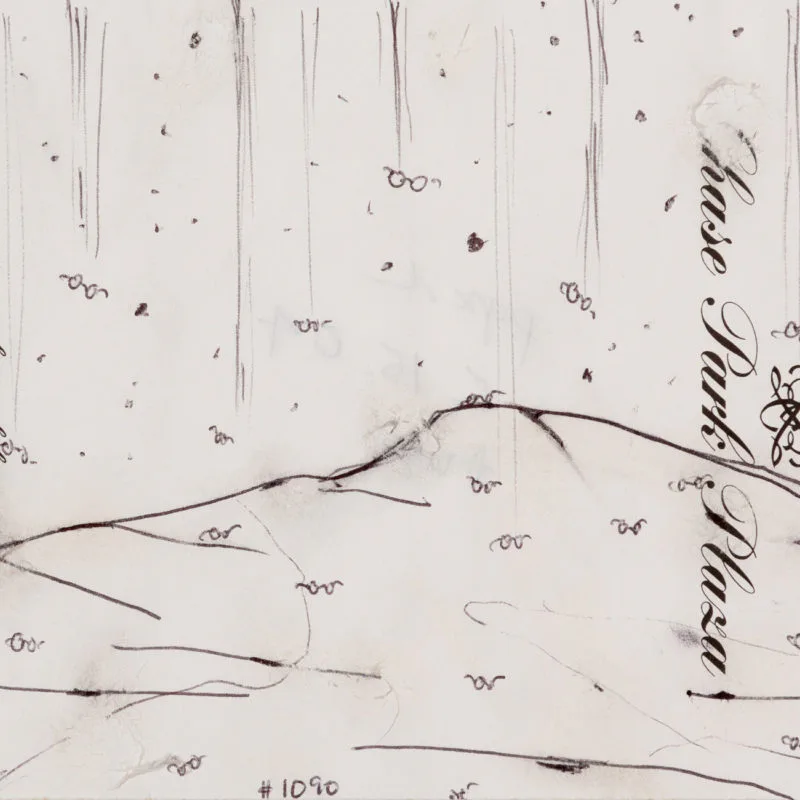 Minimalist ink drawing on paper featuring sparse linear marks, small symbols, and gestural lines suggesting a landscape or abstract composition.