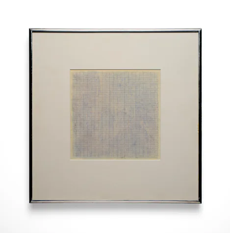 Framed abstract artwork with light gray textured square canvas centered on cream matting with black frame.