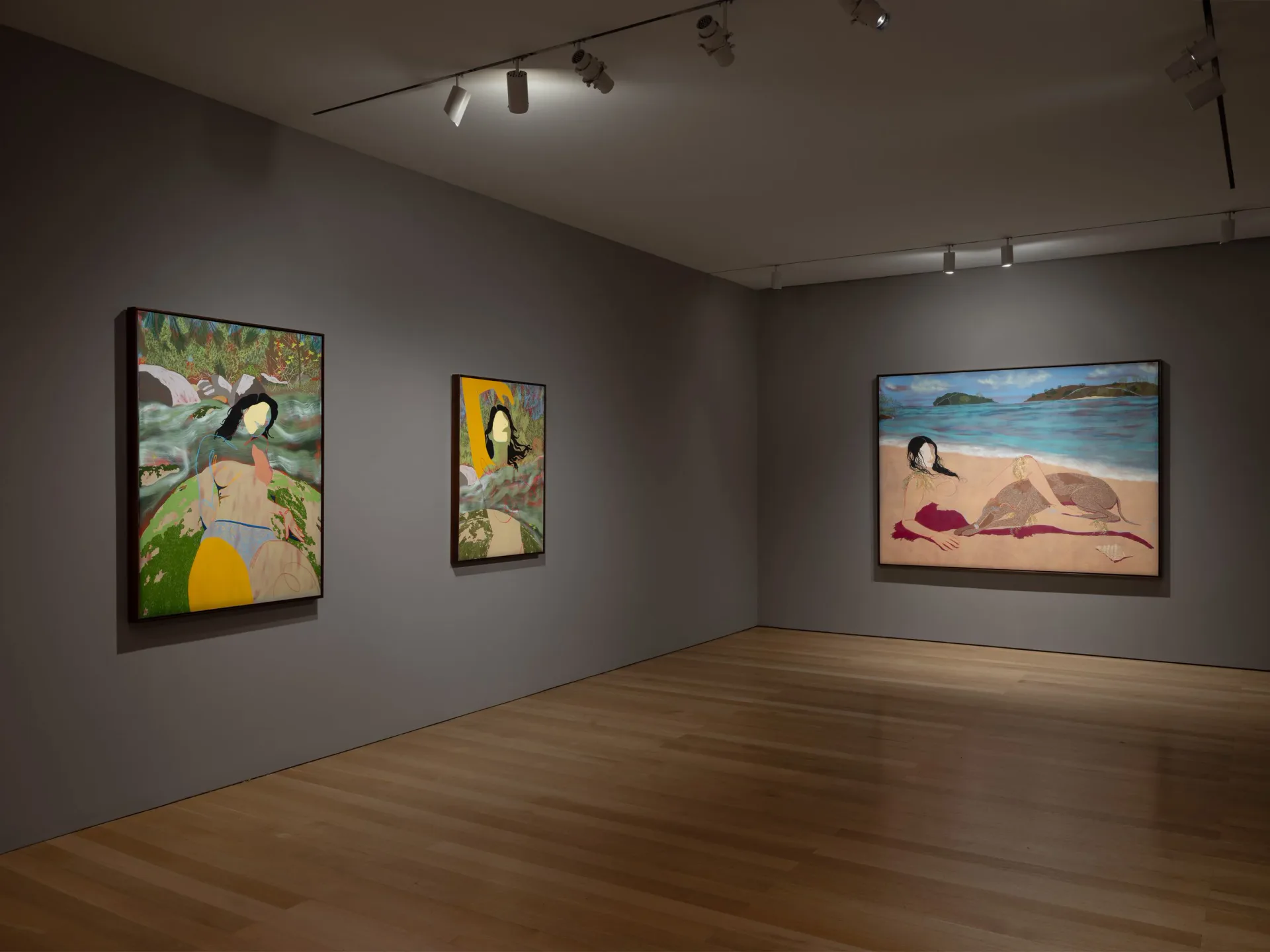 Gallery interior with dark gray walls displaying three large figurative paintings of reclining figures in landscape settings on wooden floor.