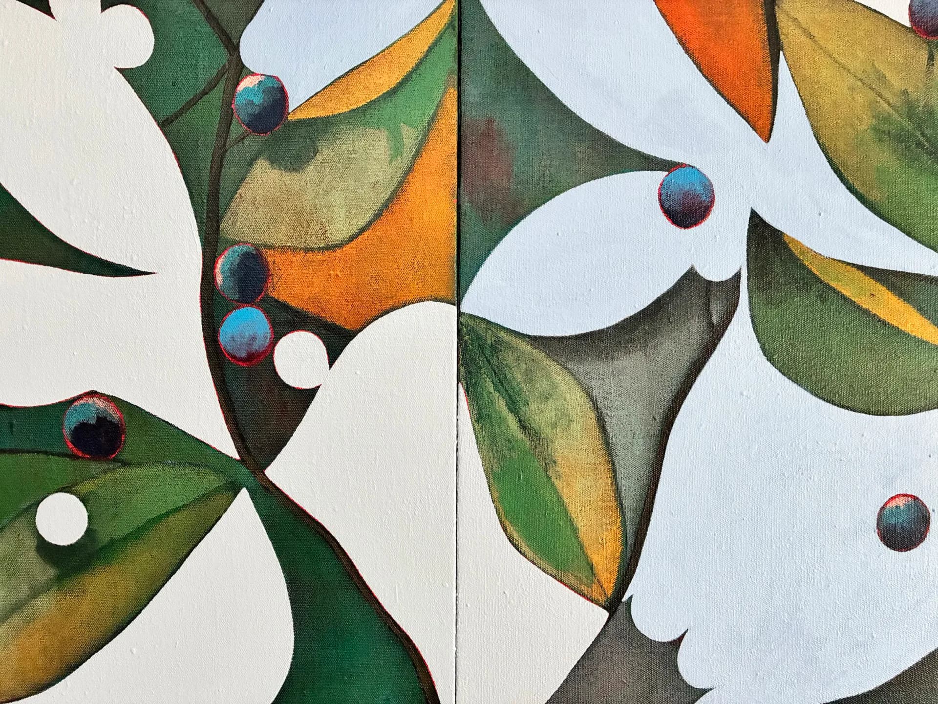 Abstract watercolor painting with geometric organic shapes in white, green, orange, and yellow with blue spherical elements on light background.