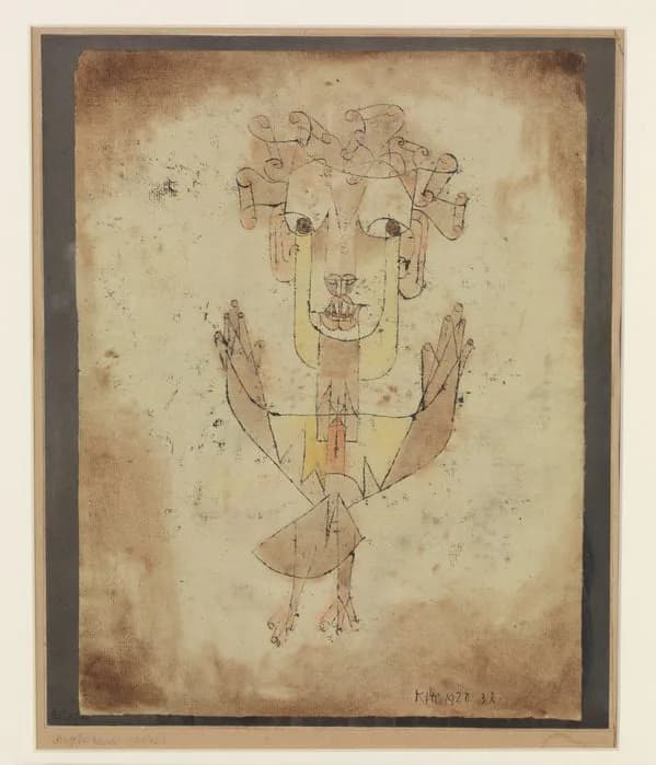 Minimalist line drawing on aged paper depicting a stylized human head and torso with geometric features and extended arms in brown ink.