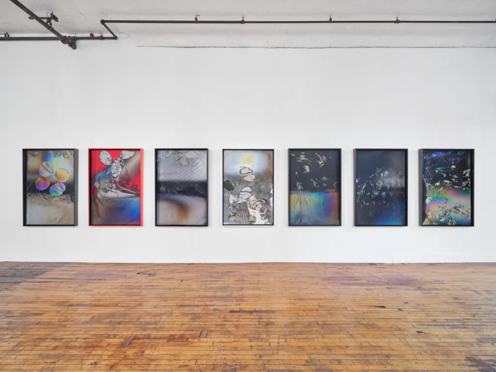 Gallery wall displaying seven framed artworks with colorful abstract imagery arranged horizontally above a wooden floor.