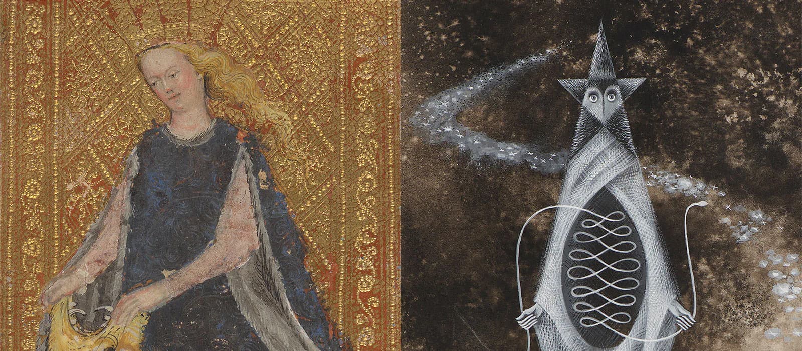 Left: medieval manuscript illumination of a woman in blue robes with gold leaf background. Right: black and white etching or print of a symmetrical fish-like creature with geometric patterns.