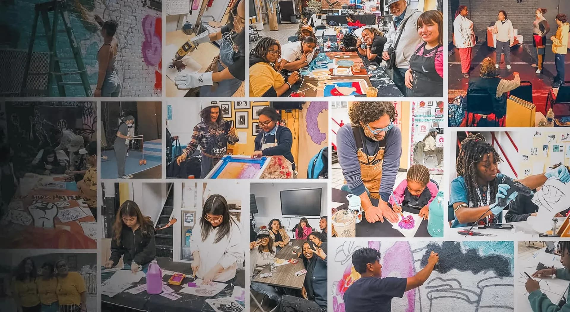 Collage of colorful photographs showing children and adults engaged in creative activities, workshops, and community events in bright, multi-colored arrangement.