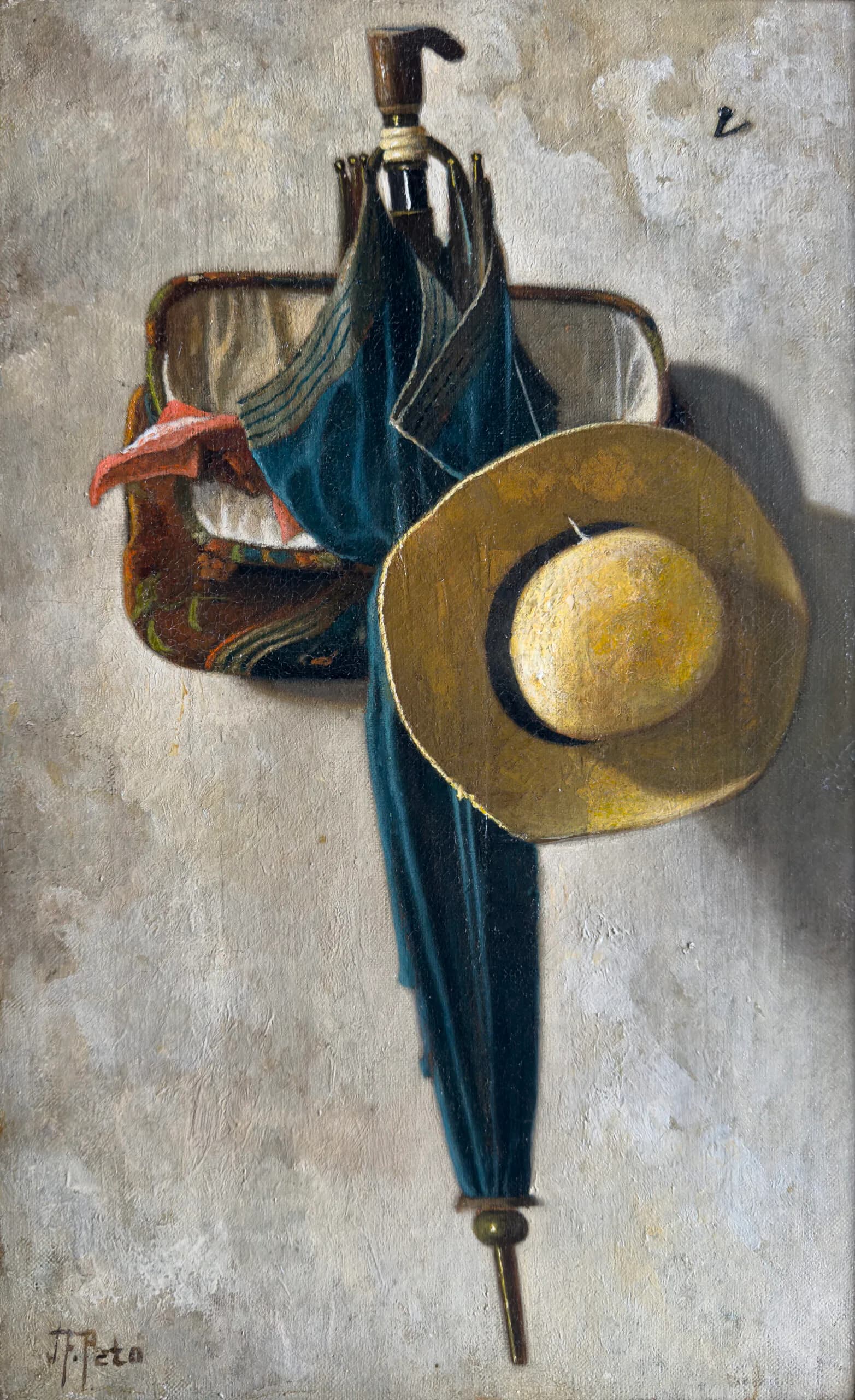 Still life painting of an umbrella, straw hat, and patterned fabric arranged on a neutral gray background with subtle shadows.