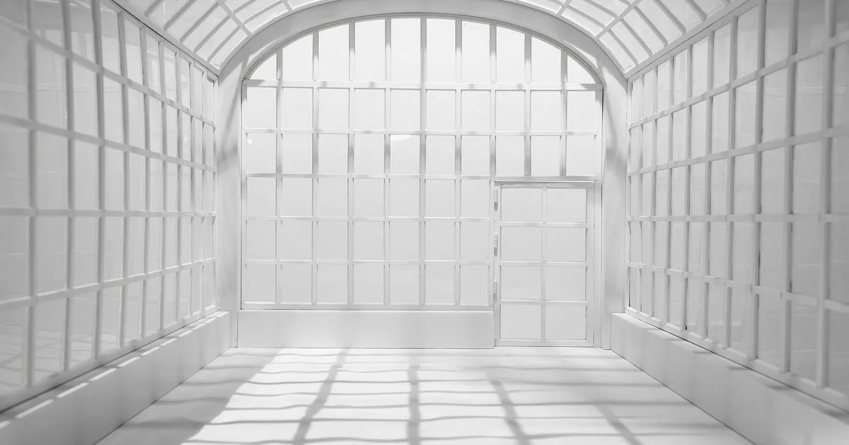 Bright, minimalist interior of an empty white gallery or studio space with gridded walls, arched ceiling, and natural light casting geometric shadows across the floor.
