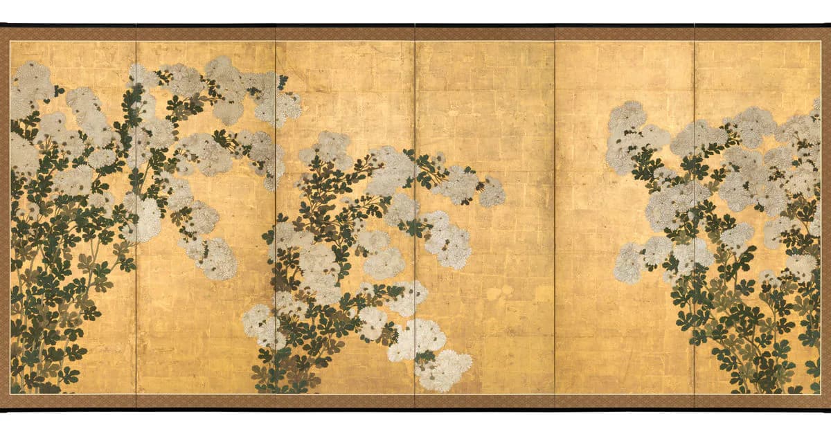 Six-panel gold-leaf folding screen with delicate ivy vines and white flowering branches cascading across panels, minimalist composition in muted greens and whites.