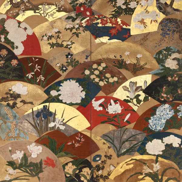 Mixed-media collage of overlapping decorative fans and floral motifs in muted earth tones, reds, and creams featuring chrysanthemums, peonies, and botanical studies on gold-toned paper.