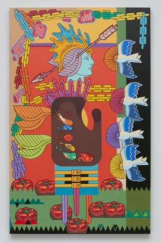 Colorful mixed-media artwork with abstract figure, geometric patterns, tropical motifs, and red fruits against tan and green background.