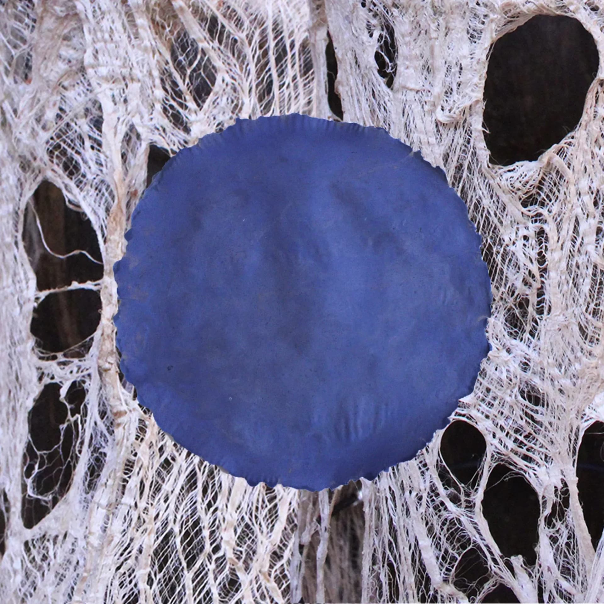 Blue circle centered on white textured background with dark holes, mixed media on panel.