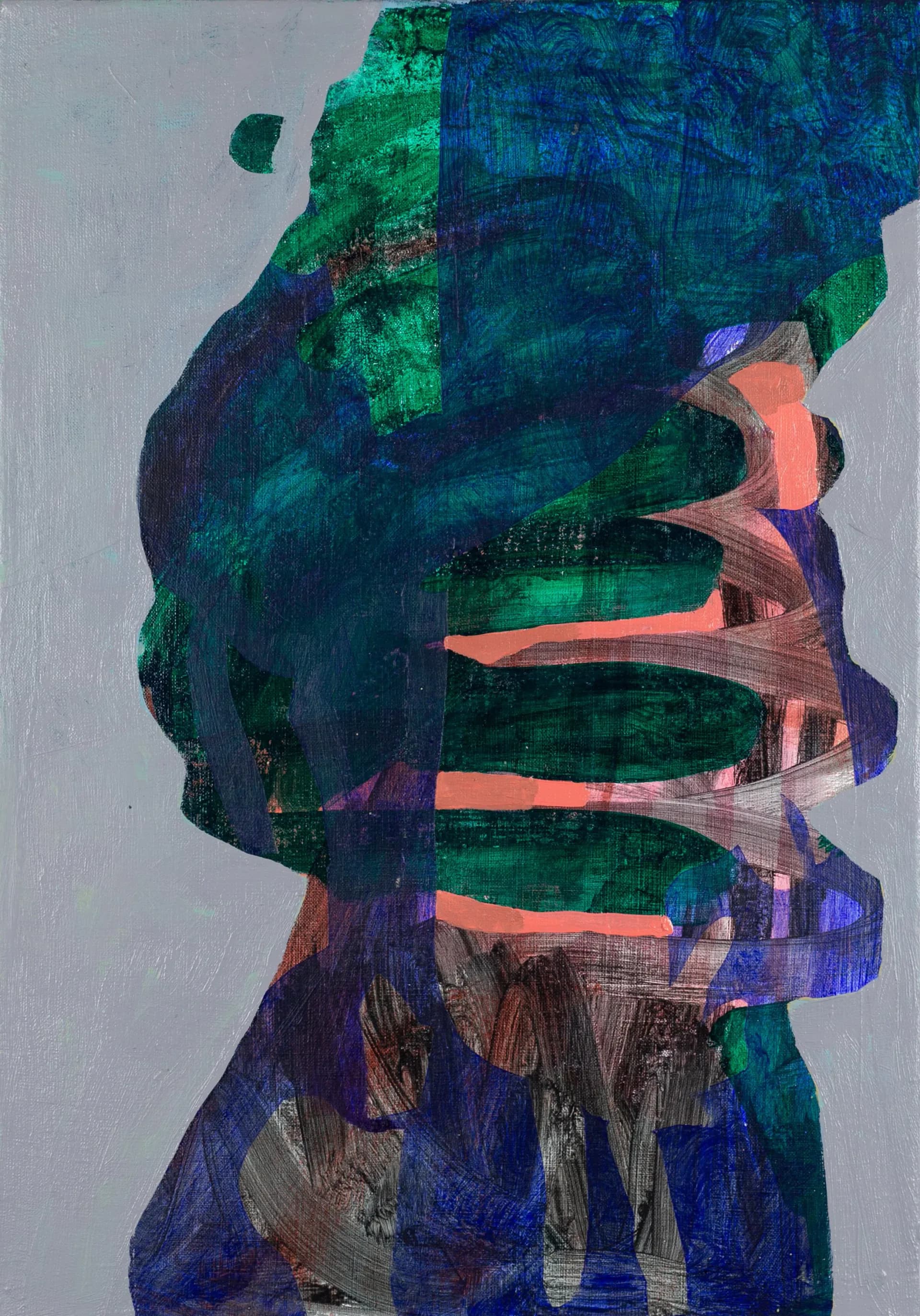 Double exposure portrait silhouette with overlaid architectural elements in greens, blues, corals, and purples on light background.