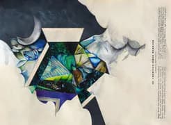 Mixed-media collage featuring torn paper with watercolor landscape and abstract elements emerging from white background.
