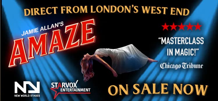 Promotional poster for Jamie Allan's Amaze magic show from London's West End, featuring magician's hands and red text on blue background.