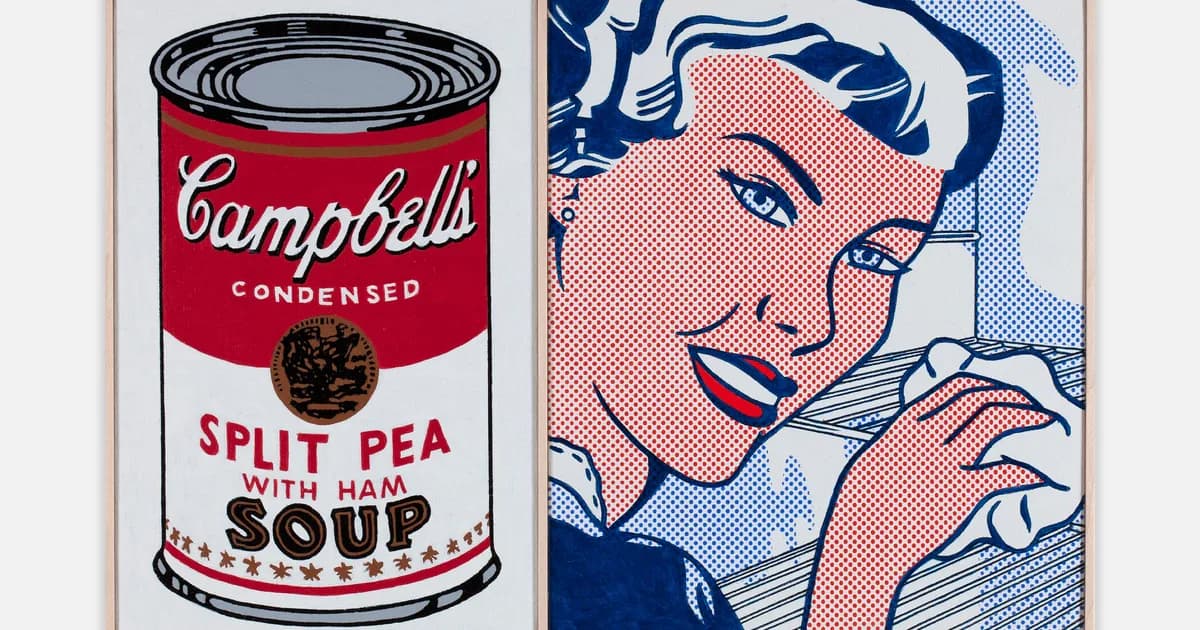 Pop art diptych combining a Campbell's Soup can on the left with a stylized portrait of a woman on the right, using bold reds, blues, and halftone dots.