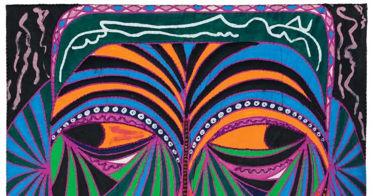 Vibrant abstract painting with neon pink, orange, blue, and green symmetrical patterns forming stylized eyes or face on black background.