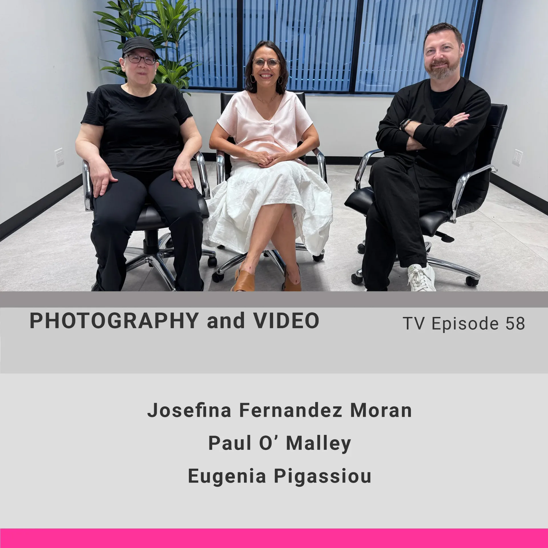 Three people seated in modern office chairs: Josefina Fernandez Moran in black, Paul O'Malley in black, Eugenia Pigassiou in white dress, posed against minimalist white walls.