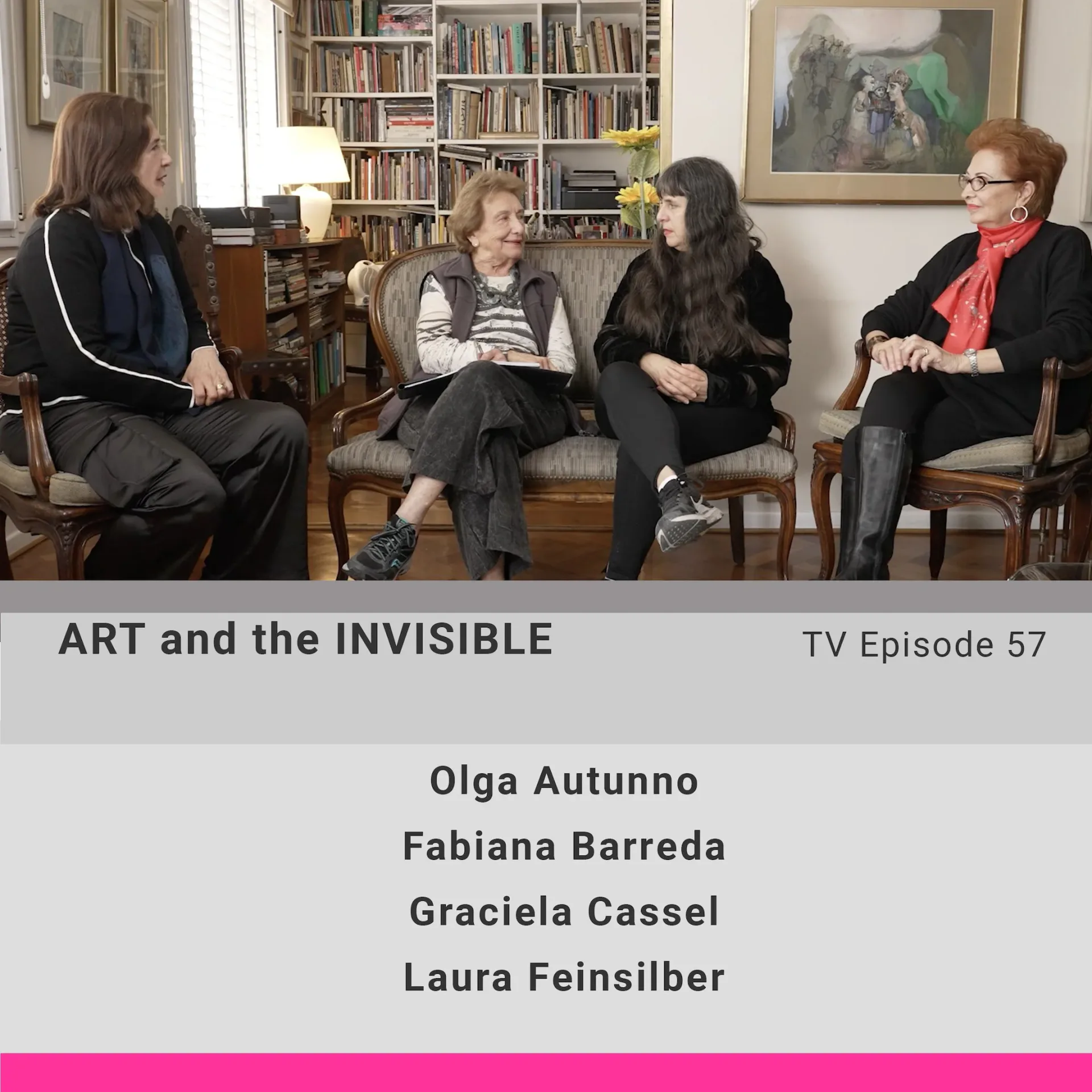 Four women seated in library setting with bookshelves and framed artwork: Olga Autunno, Fabiana Barreda, Graciela Cassel, and Laura Feinsilber in conversational poses.