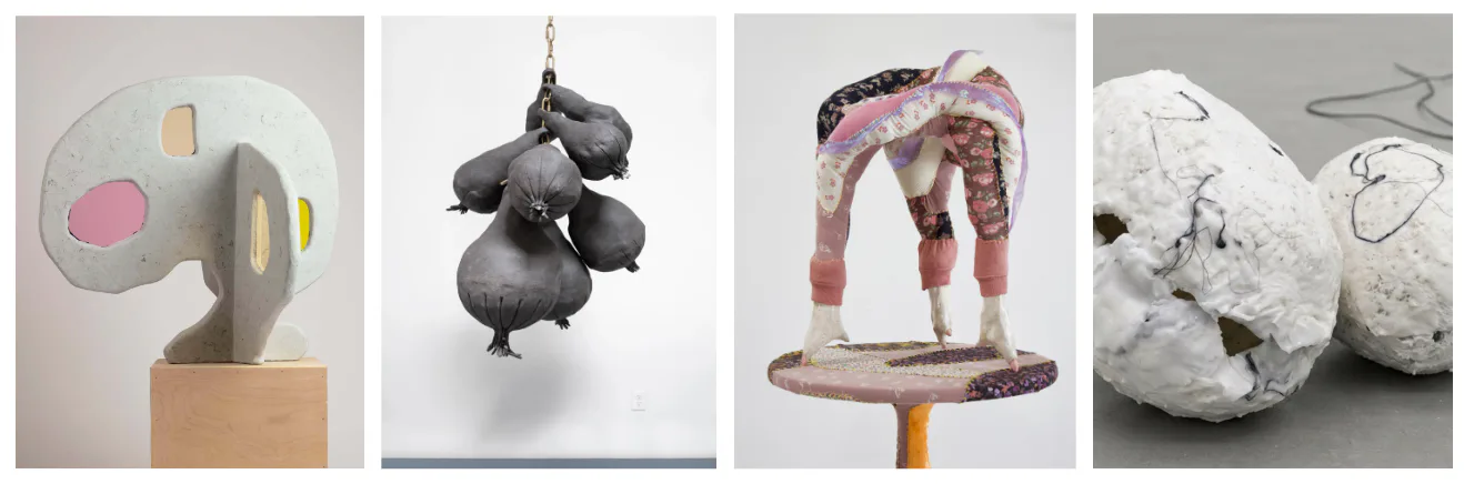 Four mixed-media artworks: wooden palette with colored patches, suspended black sculptural forms, contorted figure in pink and flesh tones, and white organic clustered shapes.