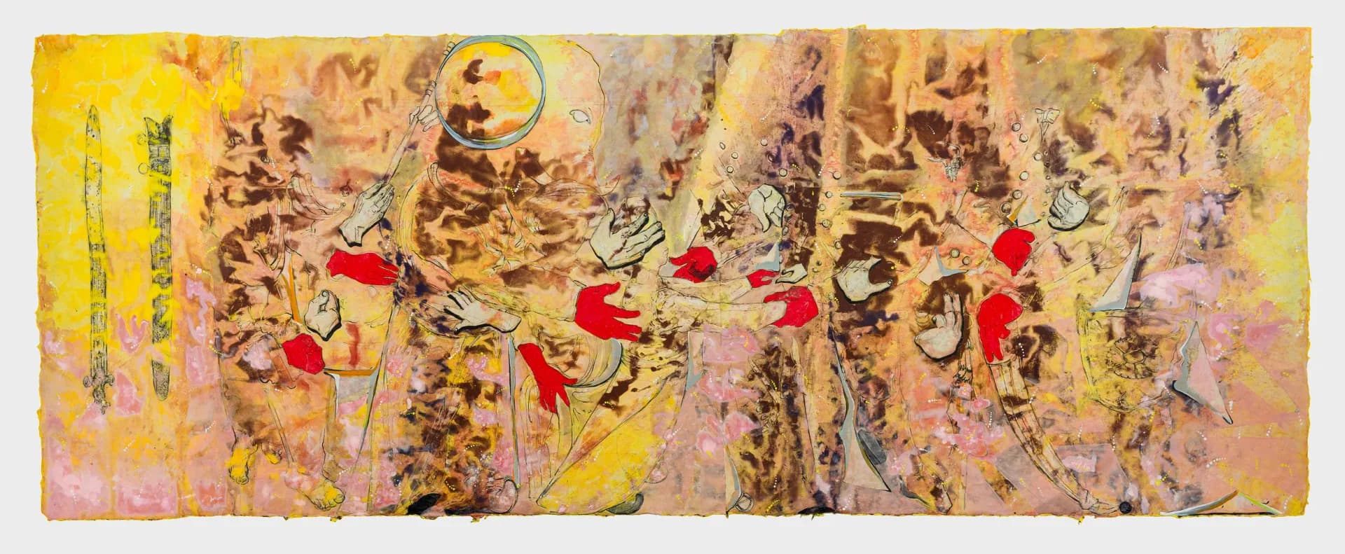 Abstract mixed-media painting with yellow, pink, and beige tones featuring red shapes and gestural marks across a horizontal composition.