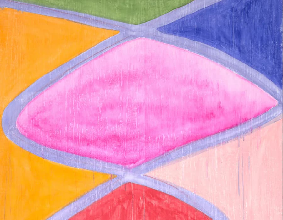 Abstract geometric painting with bright pink, yellow, orange, blue, and red shapes separated by gray outlines on layered background.