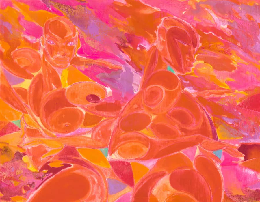 Vibrant abstract painting with red, orange, and pink circular forms overlapping against magenta and yellow background.