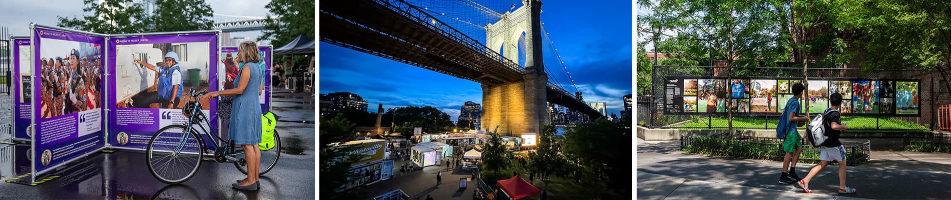 Three photographs showing outdoor festival installations: street-level photo display kiosk, nighttime illuminated venue under a bridge, and people viewing photographs in a park setting.