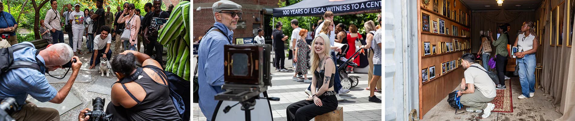 Three photographs depicting festival activities: people examining photographs outdoors, an indoor photography exhibition or workshop, and visitors browsing framed artworks in a gallery space.
