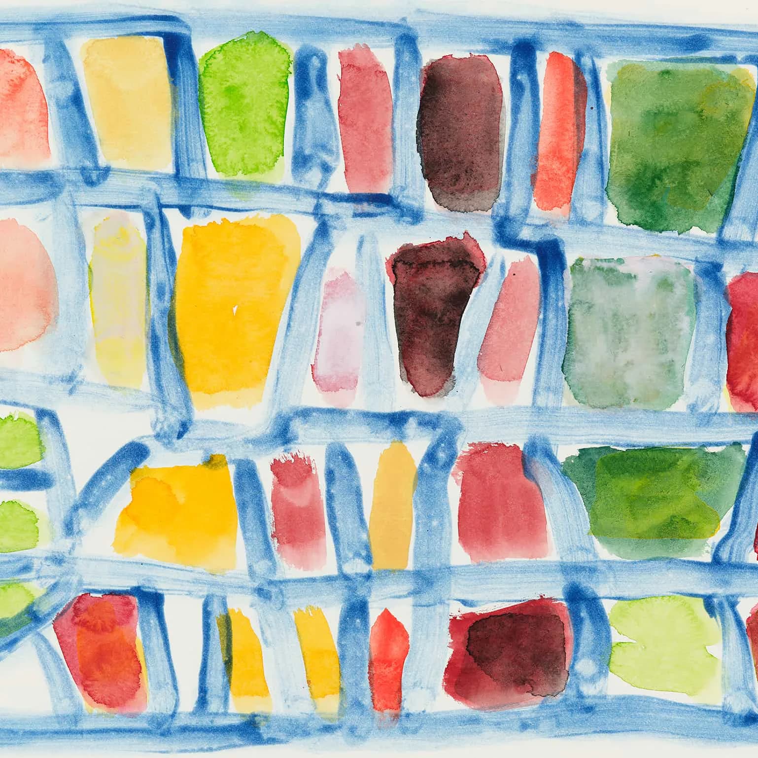 Watercolor grid painting with blue-outlined rectangular compartments filled with translucent washes in yellows, reds, greens, browns, and pinks.