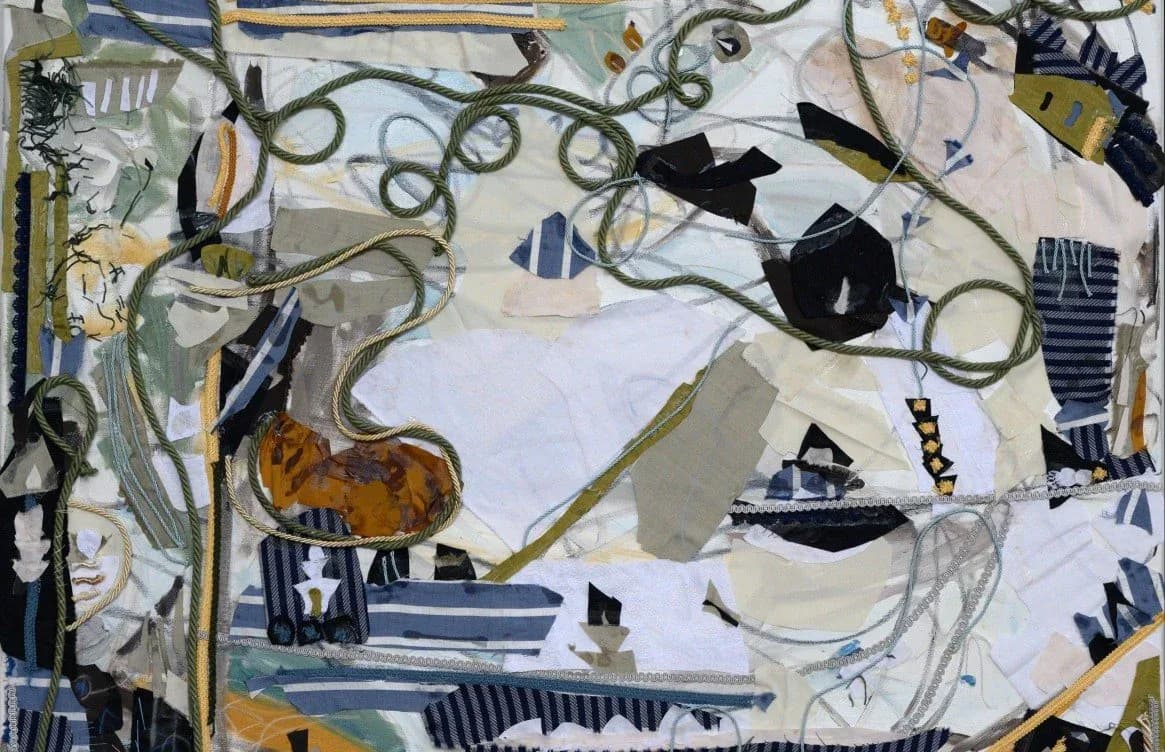 Mixed-media abstract composition with tangled black lines, boat motifs, blue striping, and rust-colored accents on white ground.