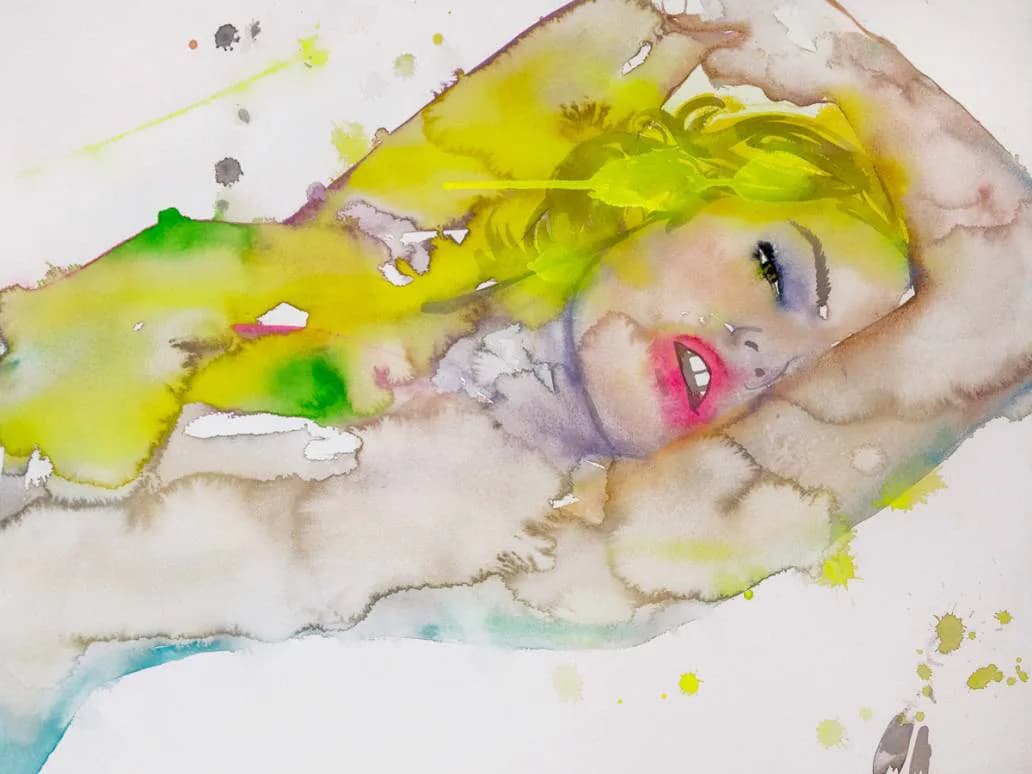 Mixed-media portrait of a woman's face with yellow and green watercolor washes, splattered ink, and collage elements on paper.