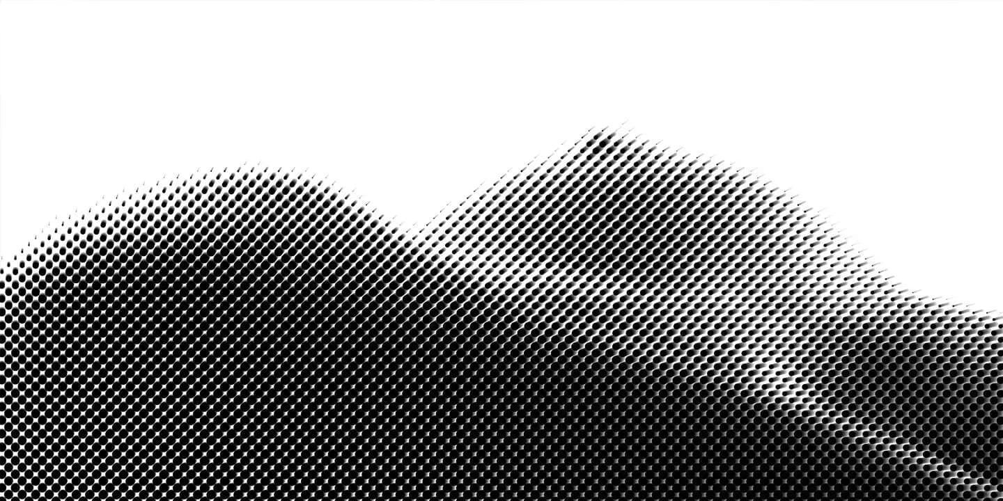 Abstract black and white halftone composition with undulating wave-like forms suggesting landscape or topography.