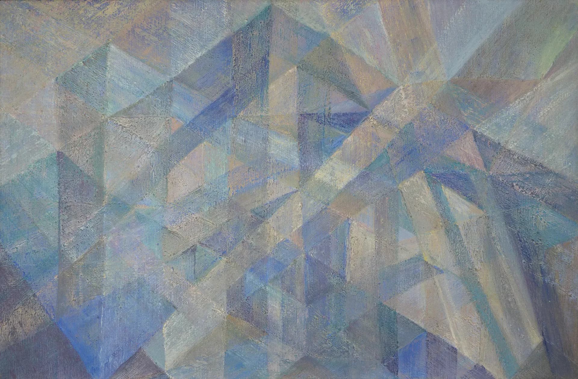 Abstract mixed-media painting with overlapping geometric triangular and angular forms in blue, beige, and muted earth tones.