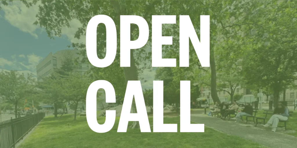 White sans-serif text reading "OPEN CALL" overlaid on green park landscape photograph.