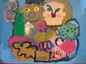 Colorful mixed-media painting featuring whimsical abstract figures and characters with bold outlines on blue background.