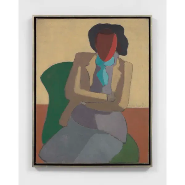 Figurative painting of seated person with dark hair and faceless head wearing beige and purple clothing against green chair and earth-toned background.