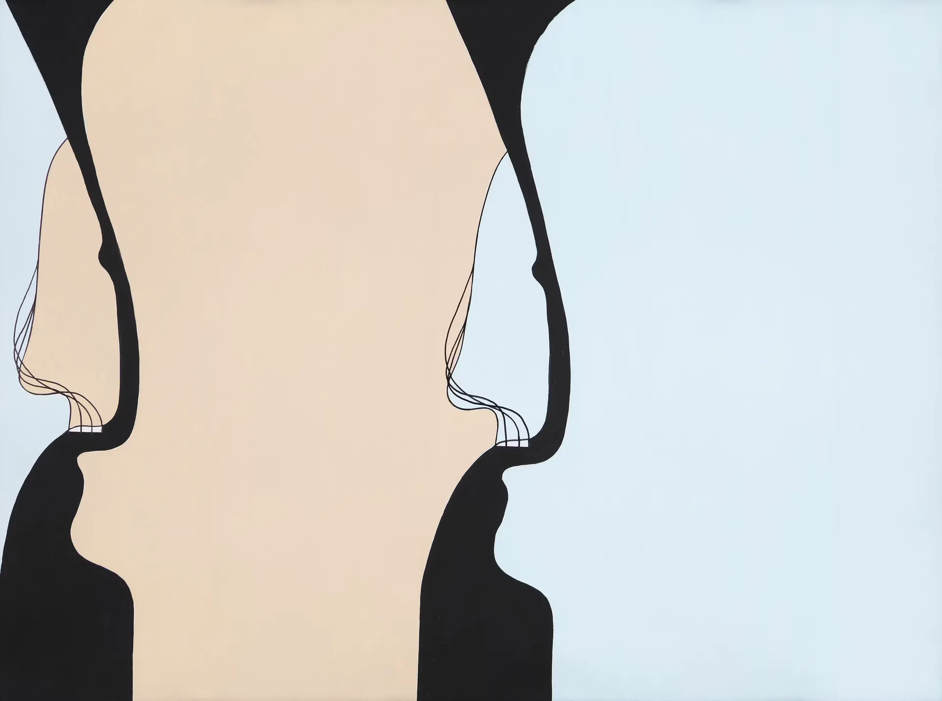 Minimalist illustration of two overlapping profile silhouettes in soft beige and black against light blue background.